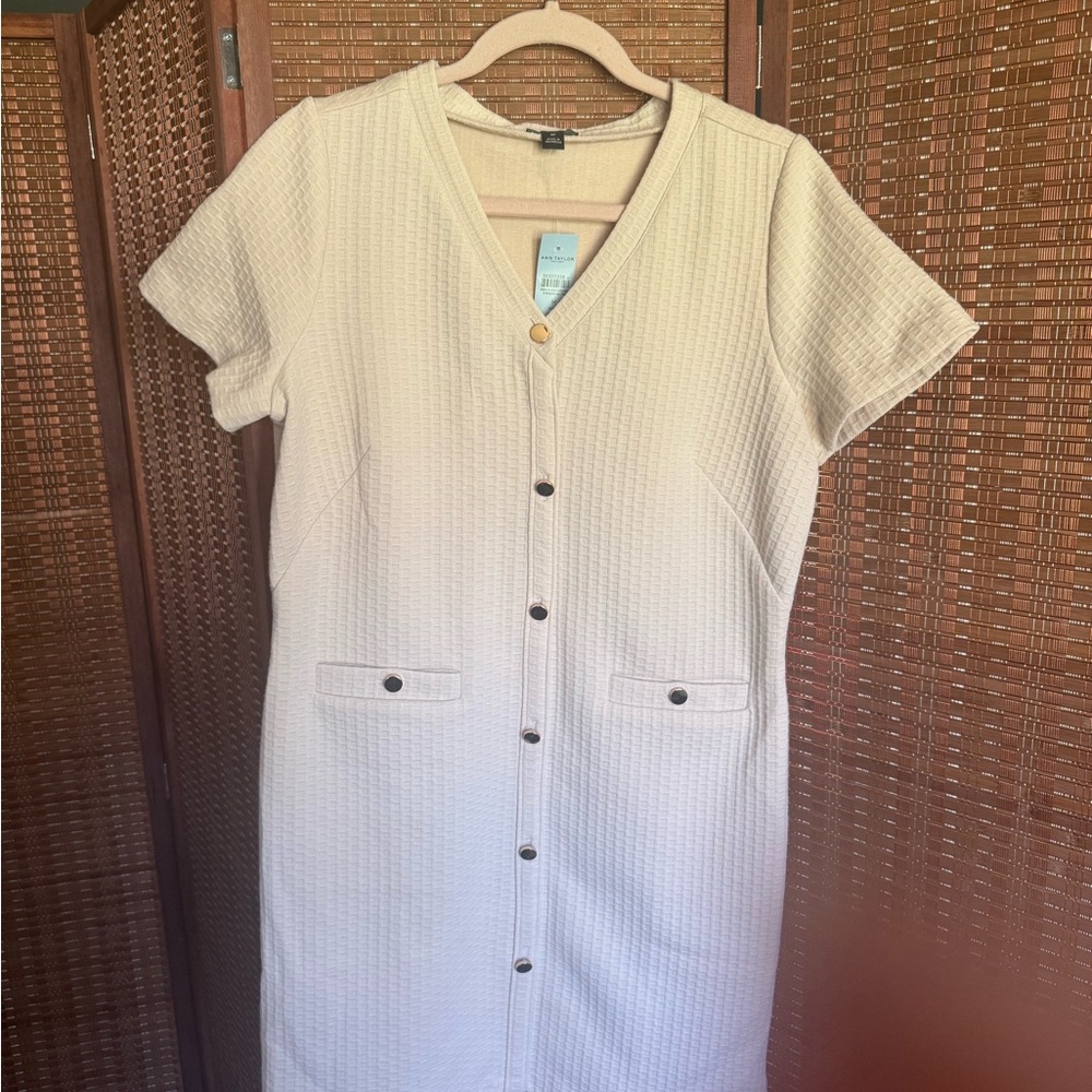 Ann Taylor Cream Textured V-Neck Knit Dress